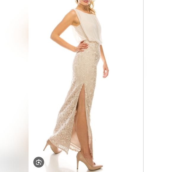 Aidan Mattox Long Formal Chiffon Lace Evening Dress Beige Size 2 - Picture 1 of 13